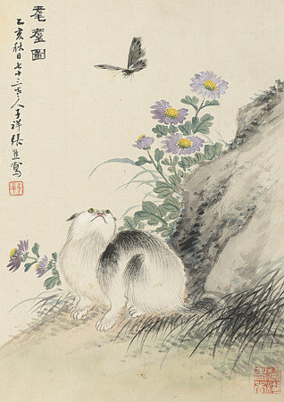 Cat Watching a Butterfly. Chinese ink painting