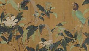 Chinese painting of a bird on blossoming tree branches 