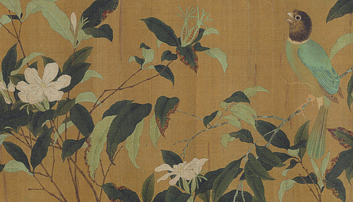 Chinese painting of a bird on blossoming tree branches 
