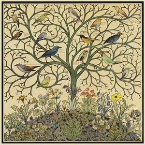 Exotic birds of the world in a tree in a flowering garden