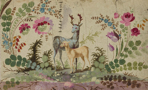 Deer and fawn with flowers watercolour design by Jean Pillement