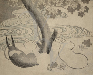 Rabbits Under a Maple Tree from a Japanese woodblock print by Aikawa Minwa (c.1818)