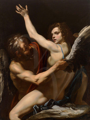 Daedalus tying wings onto Icarus. Orazio Riminaldi painting
