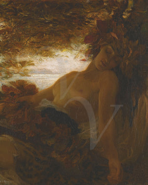 Autumn. Female Pagan forest nude. Painting by Herbert James Draper