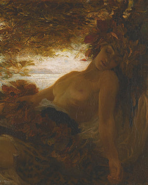 Autumn. Female Pagan forest nude. Painting by Herbert James Draper