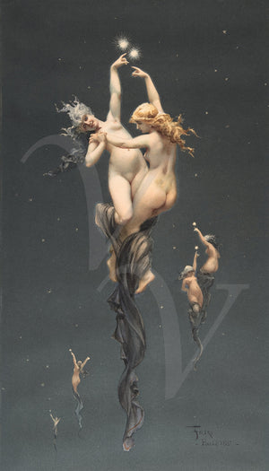 Celestial nudes in night sky. Antique fantasy painting by Luis Ricardo Falero