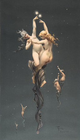 Twin Stars by Luis Ricardo Falero. Mythological nudes in night sky 