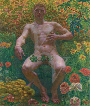 Adam in Garden of Eden. Male nude painting. Fine art print