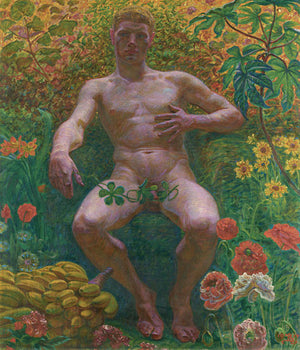 Male nude in garden painting. Adam. Fine art print