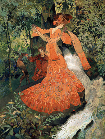 Elegant woman near a stream, Art Nouveau painting. Fine art print