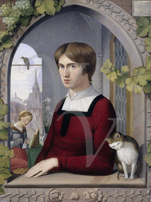 Portrait of an artist with a cat. Antique painting. Fine art print