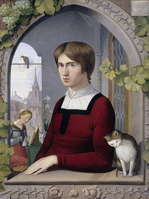 Portrait of an artist with a cat. Antique painting. Fine art print