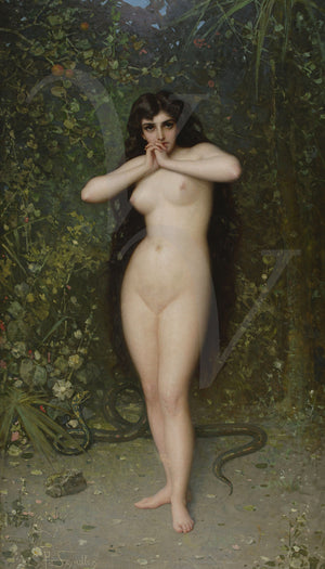 Eve. 19th Century painting. Nude woman with a snake. Fine art print