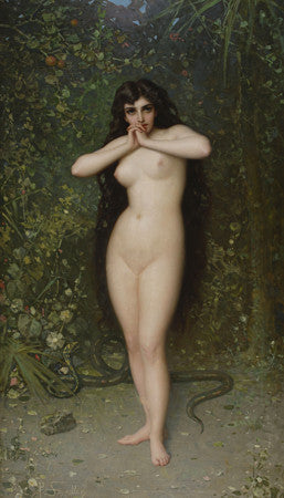 Eve. 19th Century painting. Nude female with a snake. Fine art print