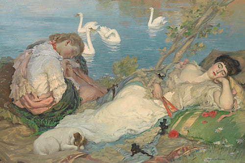 Endormies. Women sleeping by a lake with swans. Painting by Rupert Bunny 