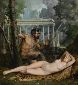 Pan and Venus painting. Antique mythology. Fine art print 