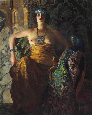 Woman with a peacock in an exotic setting. Fine art print 