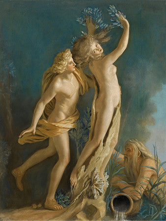 Painting of Daphne and Apollo depicting Peneus, the river God, turning the Naiad nymph into a laurel tree