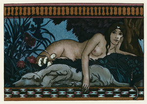 the Greek Goddess Artemis lying with her dog in the forest. Fine art print