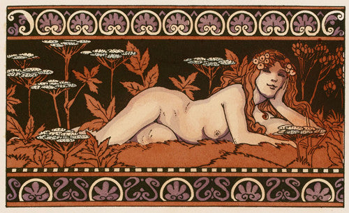 Art Nouveau illustration of a forest nymph. Mythological Pagan nature nude. Fine art print 