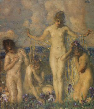 Women in a field of Irises painting. Fine art print