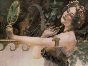 Vanity.  Woman admiring herself in a mirror. Art Nouveau fine art print 