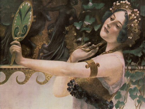 Vanity.  Woman admiring herself in a mirror. Art Nouveau fine art print 