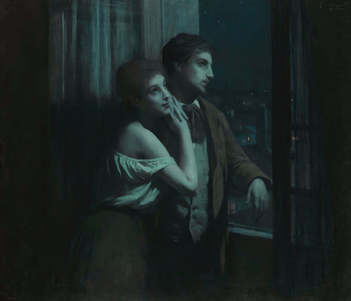 Reverie. Young lovers dreaming under a night sky . Fine art print