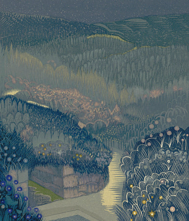 Art Deco moonlit forest landscape. Fine art print 