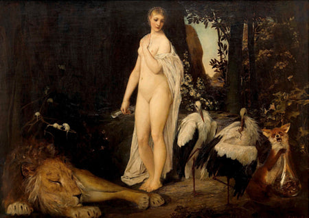 Fable painting by Gustav Klimt. Forest Goddess with animals. Fine art print 