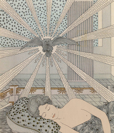 Art Nouveau illustration of Ovid's Nausicaa sleeping, whist the Owl of Athena, Goddess of Wisdom, speaks to her in a dream.