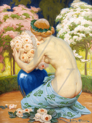 Painting of a nude woman arranging roses in a vase. Fine art print 