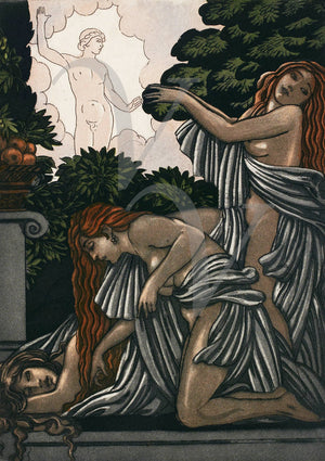 Three Bacchanalian Nymphs. Art Deco mythology. Fine art print  