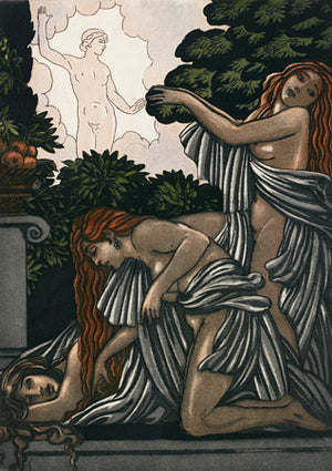 Three Bacchanalian Nymphs. Art Deco mythology. Fine art print 
