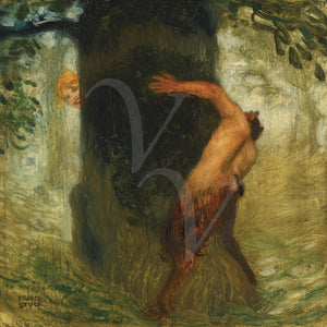 Painting of a Satyr chasing a woman around a tree. Fine art print 