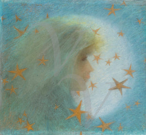 The Night. Painting of a mystical woman with stars. Fine art print 