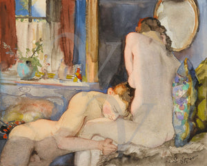 The Lovers. Bedroom nudes embracing. Water colour painting by The Lovers by Konstantin Somov. Fine art print