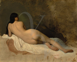 Study of a reclining female nude. Antique painting. Fine art print 