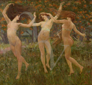 Three dancing female nature nudes painting. Fine Art Print