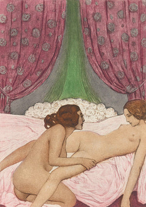 Vintage Lesbian lovers on a bed. Antique female boudoir illustration. Fine art Print