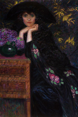 Woman with Violets painting. Fine art print 