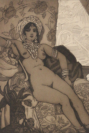 Exotic nude female etching from Baudelaire poem. Fine art print 
