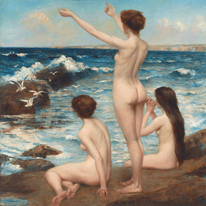 Sea Sirens painting. Three nude females at the edge of the ocean. Fine art print