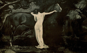Brünnhilde with a horse. Valkyrie, warrior maiden, of Norse mythology. Fine art print