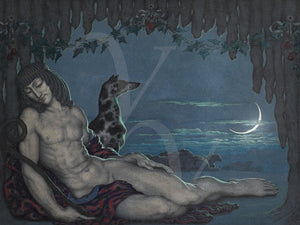 Endymion and dog under a crescent moon. Fine art print