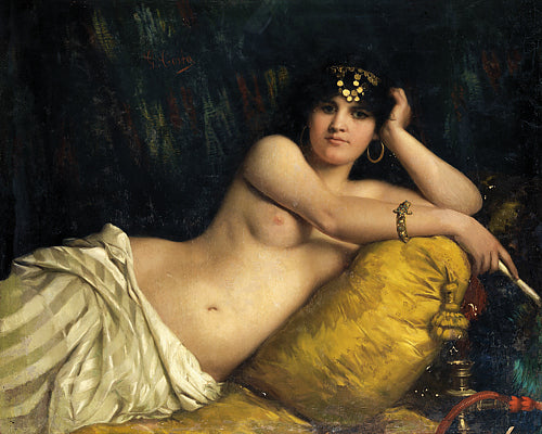 Odalisque. Exotic reclining nude female painting. Orientalist artwork