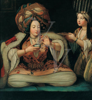 An Ottoman Turkish lady enjoying a coffee. Antique painting. Fine art print 