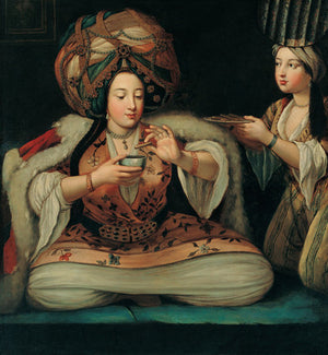 An Ottoman Turkish lady enjoying a coffee. Antique painting. Fine art print 