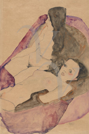 Two Reclining Nudes painting by Egon Schiele. Vintage erotica. Fine art print