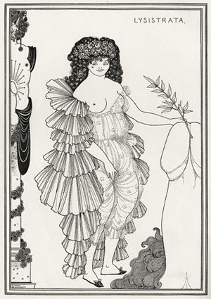 Lysistrata shielding her Coynte. Erotic illustration by Aubrey Beardsley from the Lysistrata of Aristophanes